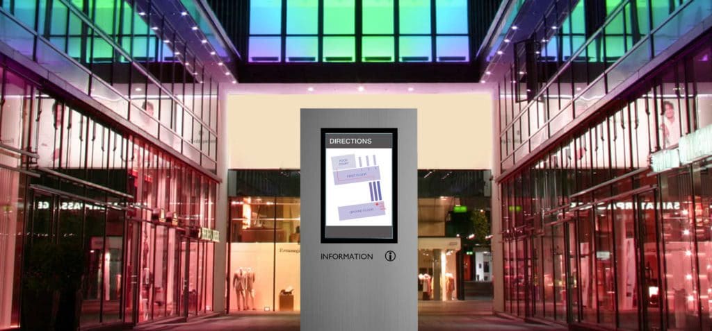 Metrospec Indoor LCD Display wayfinding kiosk used as retail digital signage in a shopping centre