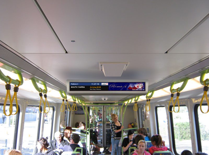 Metrospec lcd digital signage display being used on a Tram
