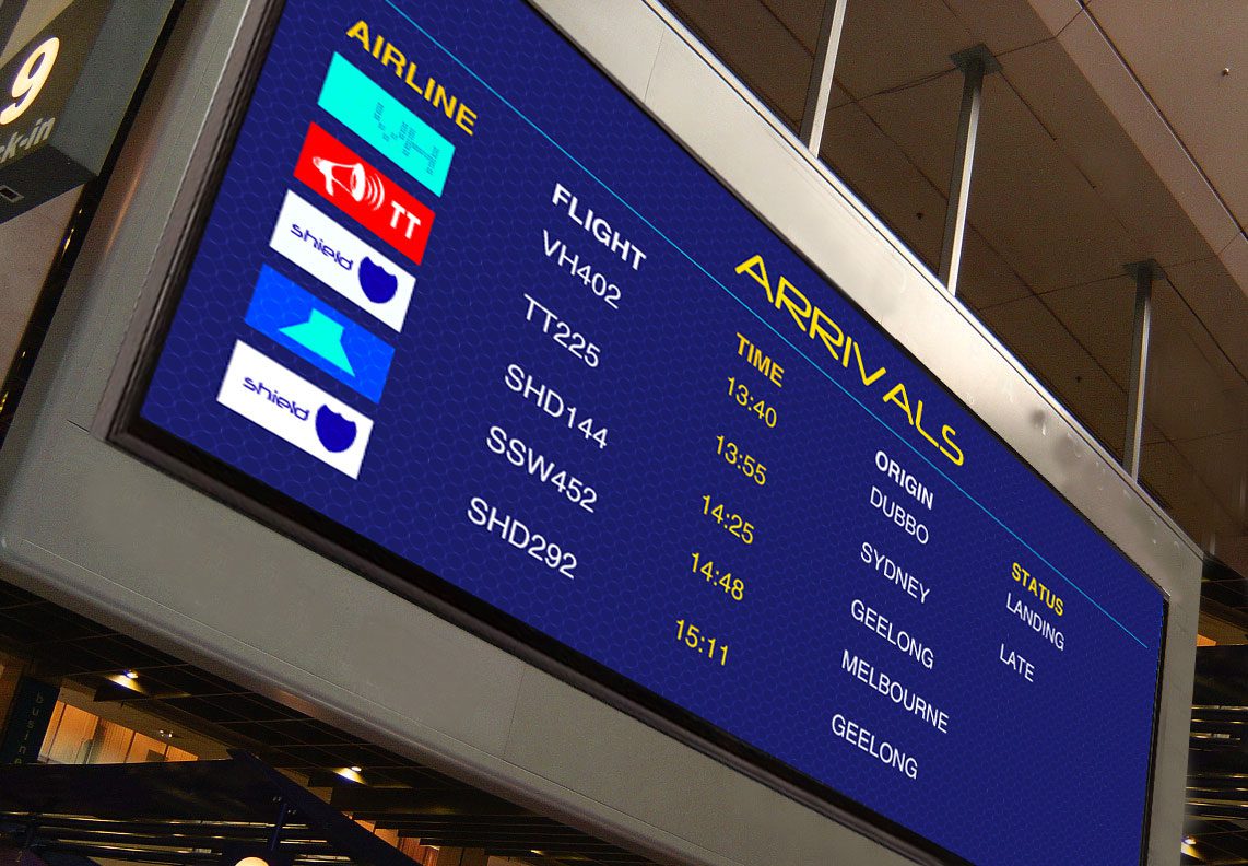 LED display signs show flight arrival and departure times
