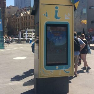 This is an image of a Metrospec LCD Outdoor Touchscreen Kiosk installed at Fed Square in Melbourne, Australia