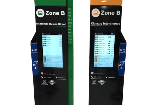 Different Coloured Digital Bus Stop Totems with Inbuilt Voice Annunciator and hearing loop system