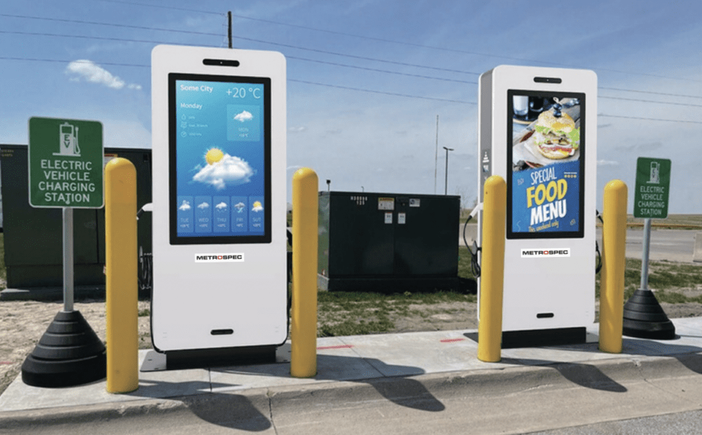 This is an image showcasing the Metrospec EV Charger Outdoor Display installed.