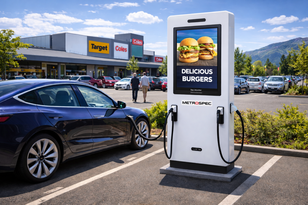 This is a rendering of a metrospec commercial ev charger at a ev charging station at an outdoor shopping centre.