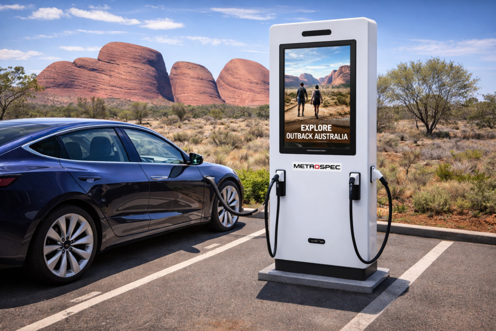 This is a rendering of a commercial EV charger in an outback EV charging station