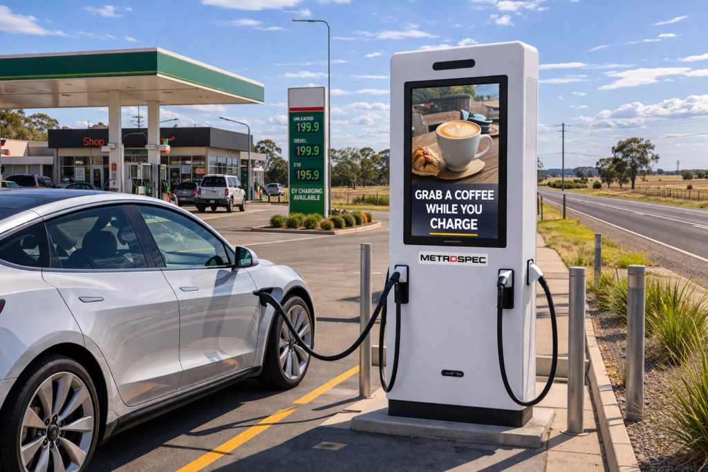 This is a rendering of a metrospec commercial ev charger at a rural ev charging station in australia.
