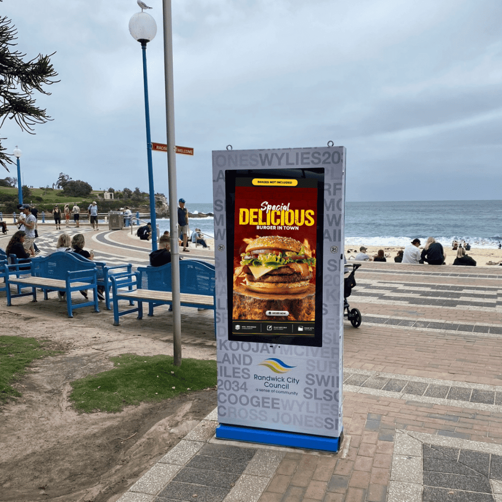 This is an image of a Touch Screen Kiosk Display installed by Metrospec Digital Displays at Coogee Beach, New South Wales. High Brightness Monitors