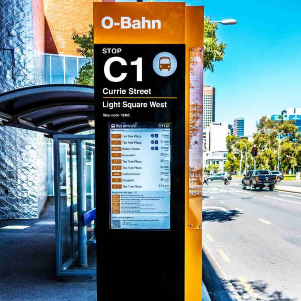 This is an image of a Digital Bus Stop Totem installed as Transportation Digital Signage by Metrospec in Adelaide from Metrospec's Digital Displays