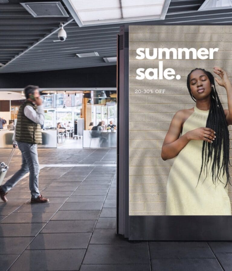 This is an image of an indoor digital display located in a shopping centre advertising a sale for a retail business. Advertising digital display solution by Metrospec