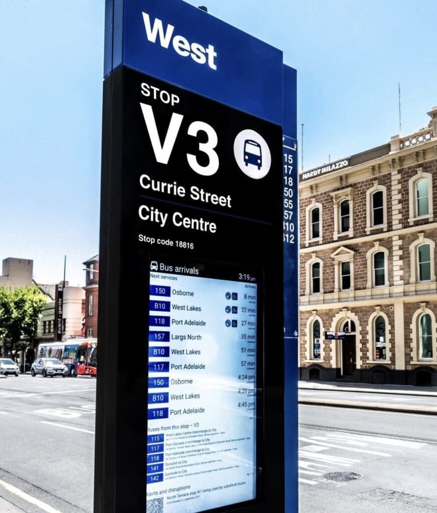 This is an image of a Outdoor information kiosk used as a digital bus stop totem.