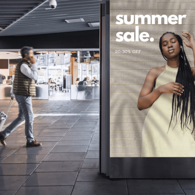 This is an image of an indoor digital display located in a shopping centre advertising a sale for a retail business from Metrospec's Digital Displays.