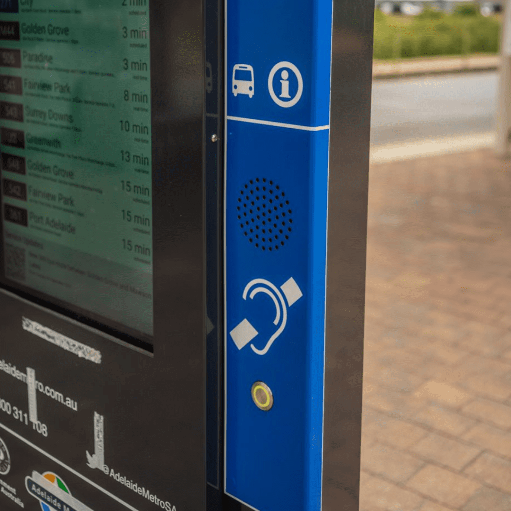 LCD Digital Bus Stop Totem with Inbuilt Voice Annunciators & Hearing Loops Installed in Adelaide