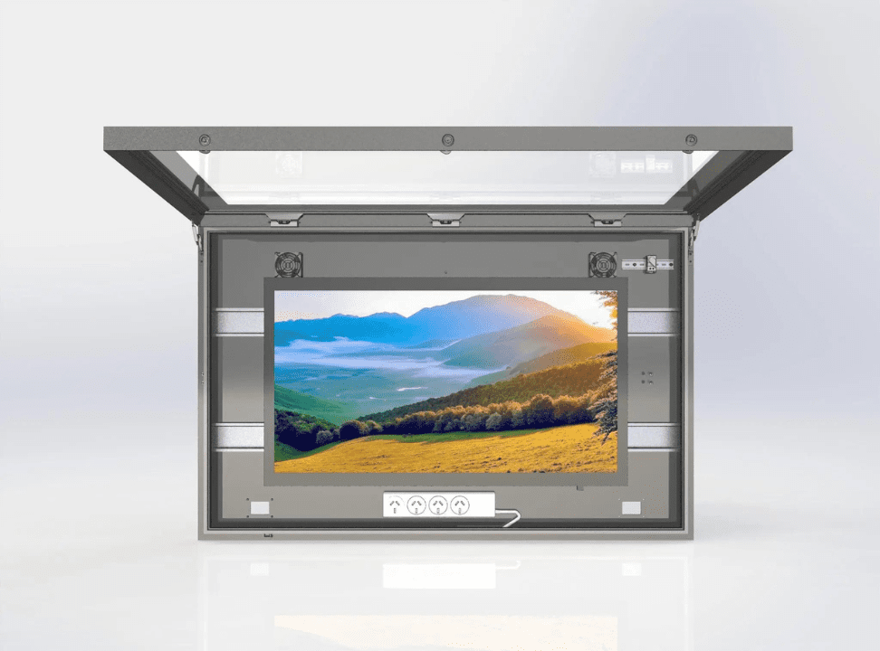 This is an image of an outdoor TV enclosure designed by Metrospec. It is protecting a digital signage display TV. It's a competitor for the Outdoor TV Cabinet bunnings.