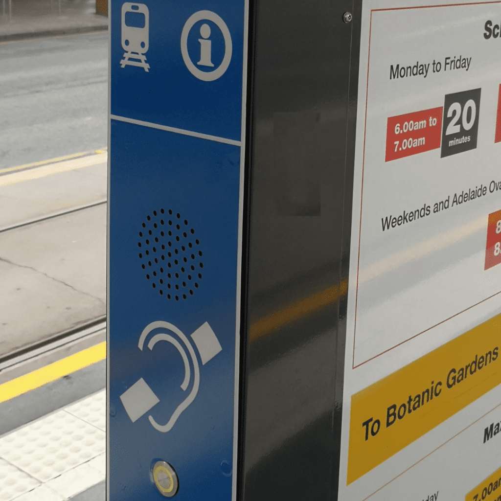 This is an image of a standalone voice annunciator hearing loop system in stalled at Bus Stops in Adelaide, SA