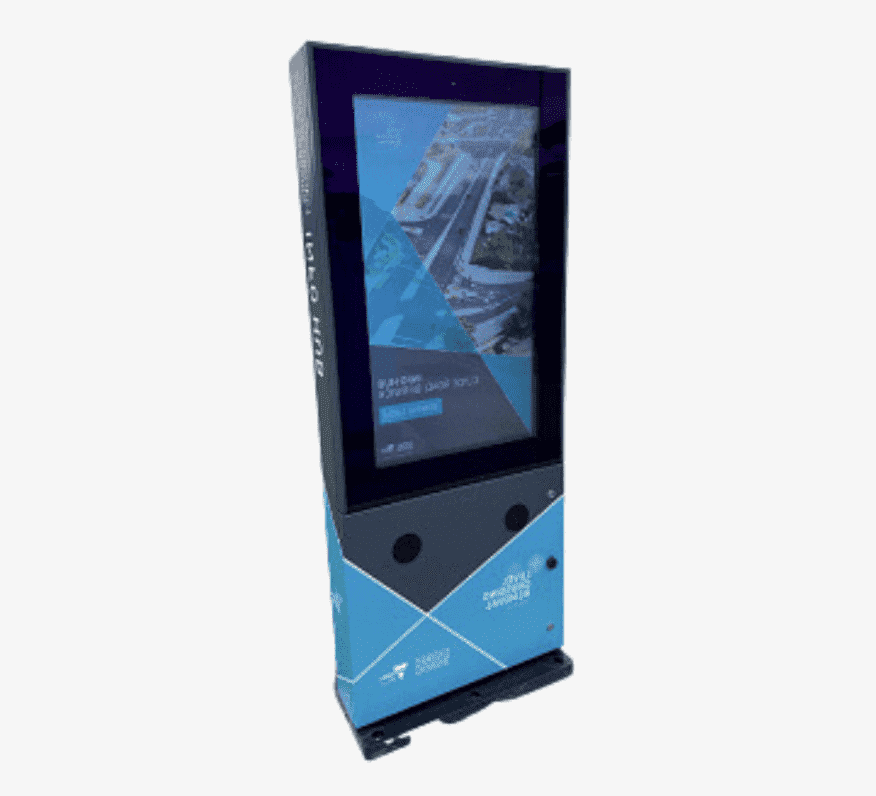 This is an image of an outdoor touchscreen kiosk