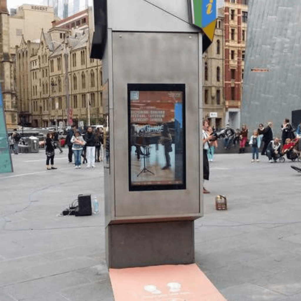 This is an image of a touch screen Kiosk Installed at Federation Square in Melbourne, Victoria from Metrospec's Digital Displays as a digital signage for tourisim