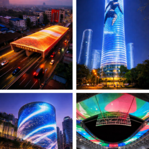 A product rendering of the mesh LED display system sold by metrospec on the facade of two buildings