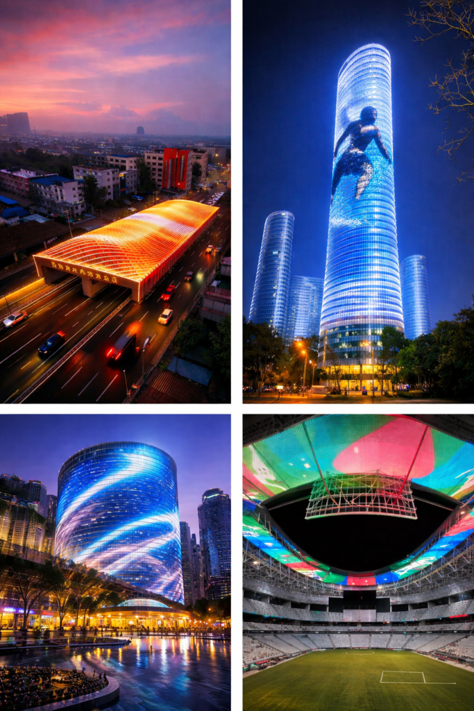 A product rendering of the mesh LED display system sold by metrospec on the facade of two buildings