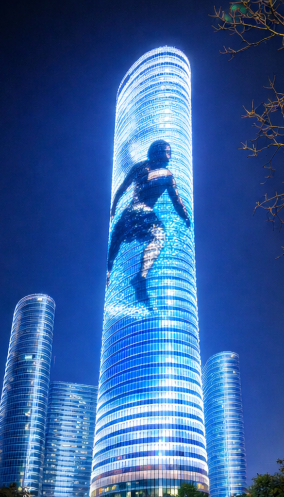 A product rendering of a transparent Display sold by metrospec on the facade of a tall skyscraper