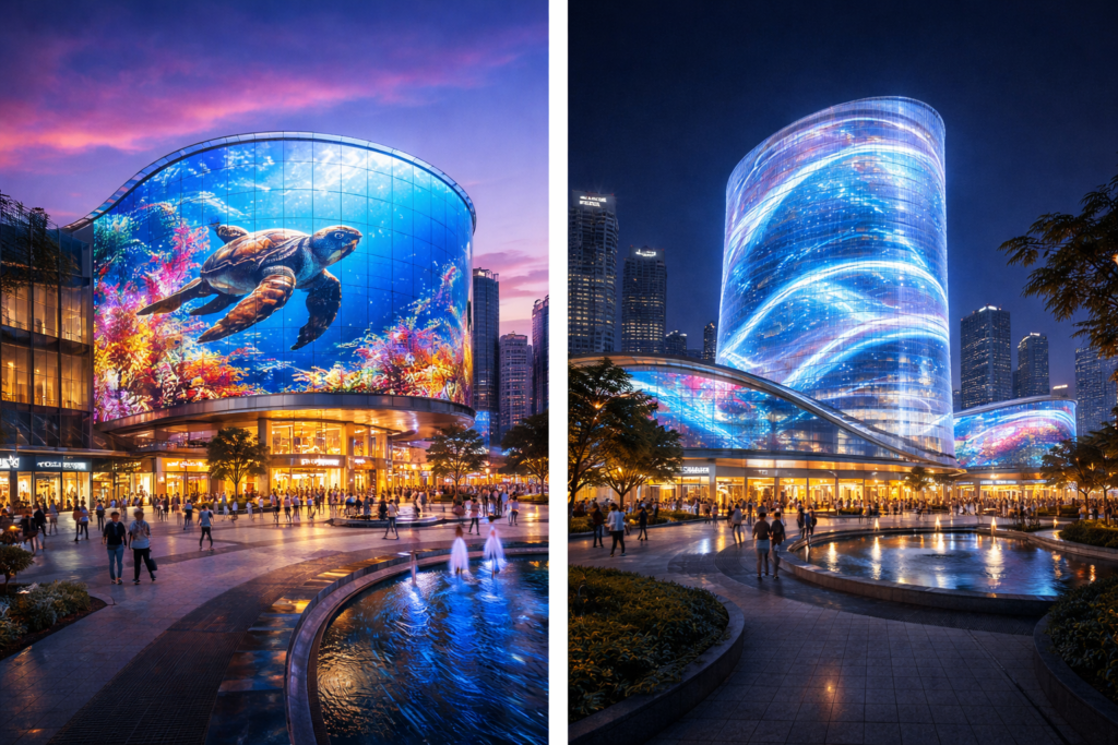 A product rendering of the mesh LED display system sold by metrospec on the facade of two buildings