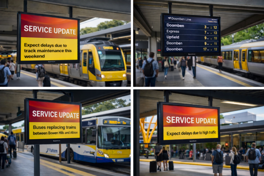 This is a rendering of the Metrospec E-Series Outdoor Digital Display at train stations in Brisbane, Australia. This is a high brightness outdoor digital displayLCD