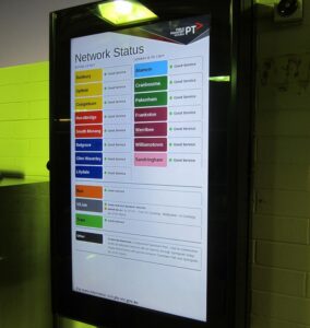 Network Status Rainbow Board Melbourne. Shows Train lines and routes