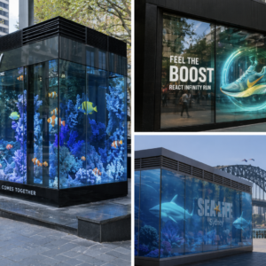 These are renderings of the Metrospec Transparent LED Display Screen as a video installation for a shopfronts and Tourist Attractions in Australia.
