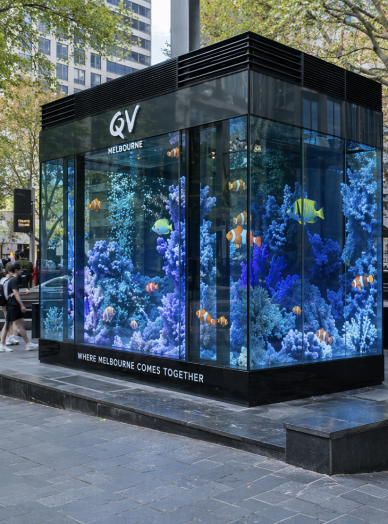 This is a rendering of the Metrospec Transparent LED Display Screen as a video installation for a shopfront in Melbourne Australia.