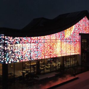 This is an image of a transparent LED screen installed behind the glass facade of a building.