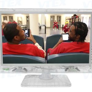this is an image of a clear prison LED TV sold my Metrospec. It has a clear durable casing and LED colour screen.