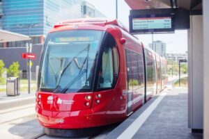 This is an image of a Smart Street LCD Display and commuter train in Parramatta, NSW Australia for the Light Rail Project