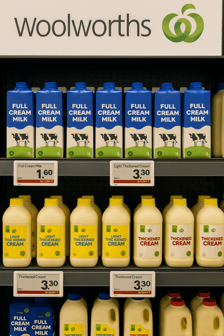 This is an image showcasing how electronic shelf labels would look advertising prices for milk inside a woolworths grocery store.