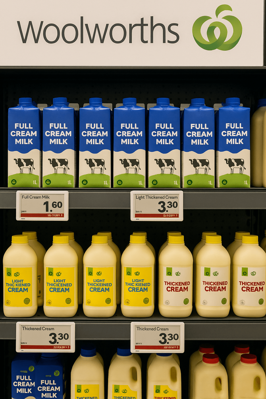 This is an image showcasing how electronic shelf labels would look advertising prices for milk inside a woolworths grocery store.