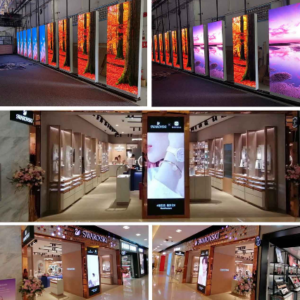 This is an image of the Metrospec Indoor LED Poster Display showcased inside a shopping centre and store front.
