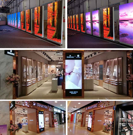 This is an image of the Metrospec Indoor LED Poster Display showcased inside a shopping centre and store front.