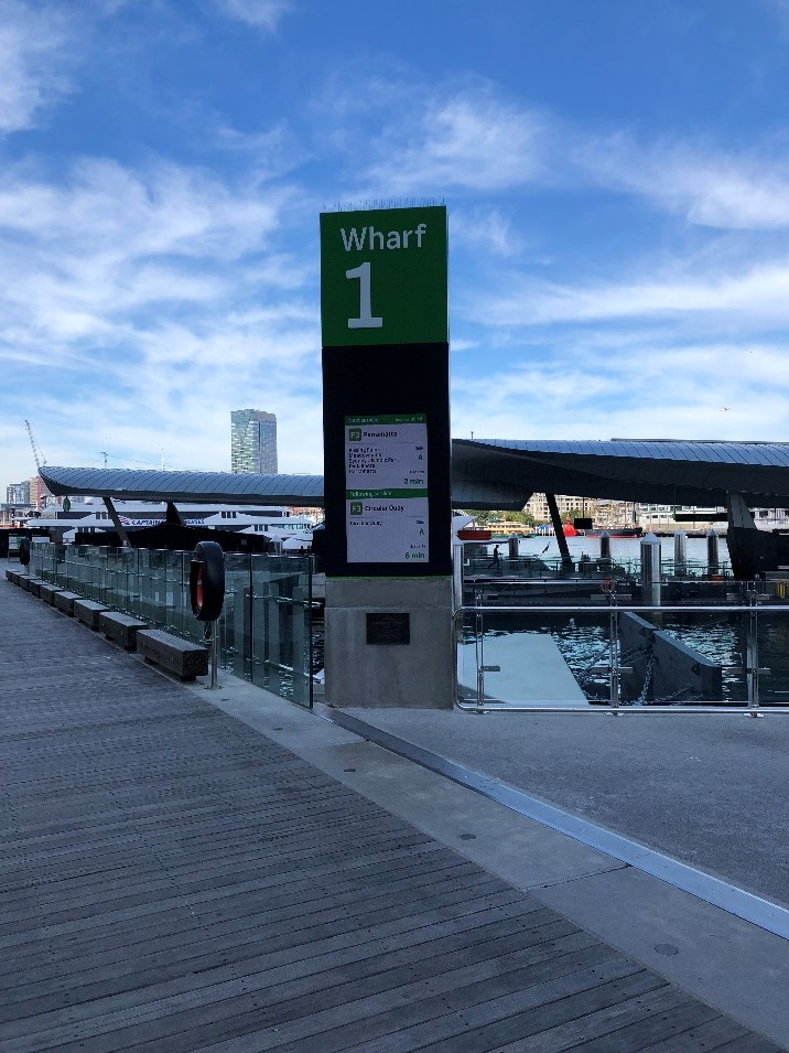 Delivering Sydney Ferry Passengers with service information installed on pylon at Barangaroo Wharf from Metrospecs digital signage solution product range