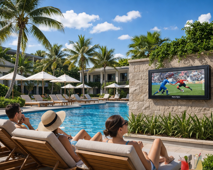 This is a rendering of an outdoor TV enclosure protecting a TV Display Unit at a pool-side resort. This is an Australian Outdoor TV Enclosure by Metrospec