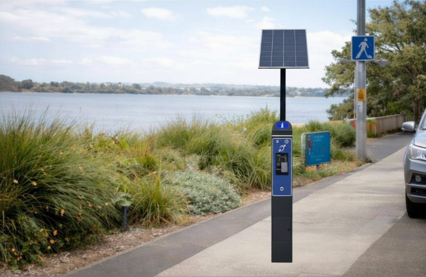 an image of the Metrospec Outdoor Wayfinding and Information Kiosk installed on a footpath at a local council public area
