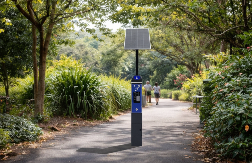 an image of the Metrospec Outdoor Wayfinding and Information Kiosk installed at a botanic garden