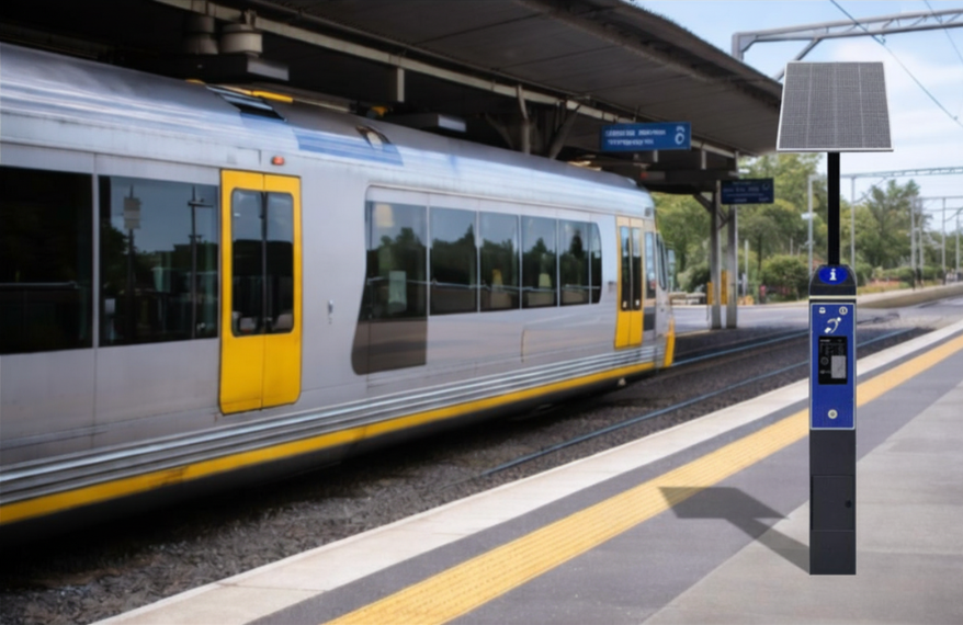 an image of the Metrospec Outdoor Wayfinding and Information Kiosk installed at a train station