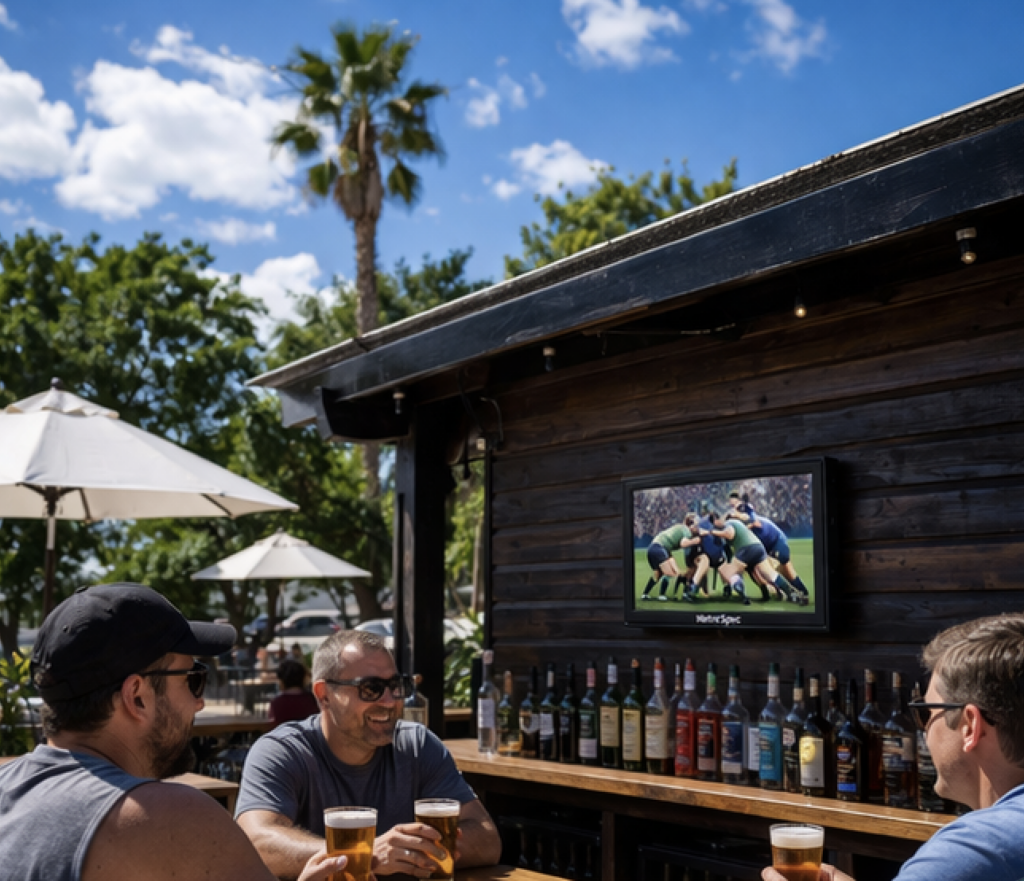 This is a rendering of an outdoor TV enclosure protecting a TV Display Unit at an outdoor bar. This is an Australian Outdoor TV Enclosure by Metrospec