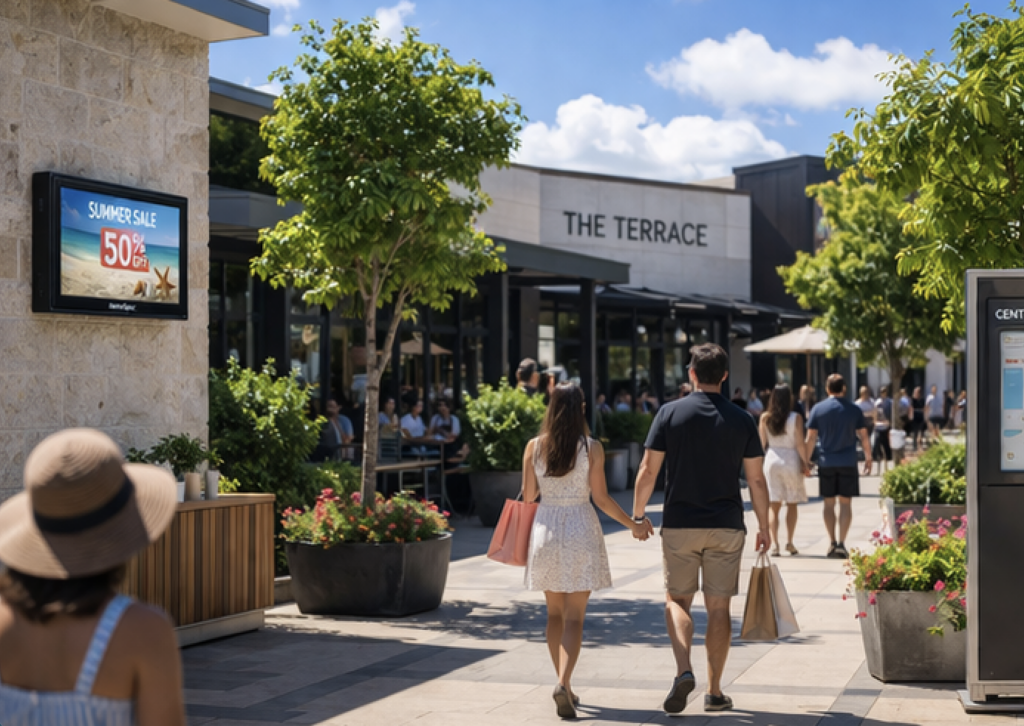 This is a rendering of an outdoor TV enclosure protecting a TV Display Unit at an outdoor shopping centre. This is an Australian Outdoor TV Enclosure by Metrospec