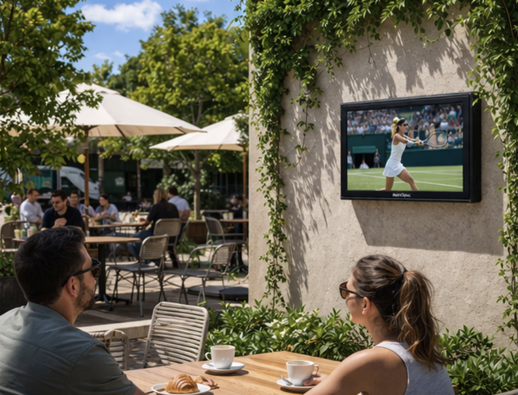 This is a rendering of an outdoor TV enclosure protecting a TV Display Unit at an outdoor cafe. This is an Australian Outdoor TV Enclosure by Metrospec