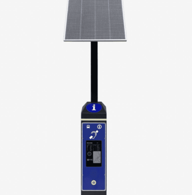 an upclose image of the Metrospec Outdoor Wayfinding and Information Kiosk user panel and solar panel option