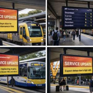 This is a rendering of the Metrospec E-Series Outdoor Digital Display at train stations in Brisbane, Australia. This is a high brightness outdoor digital displayLCD