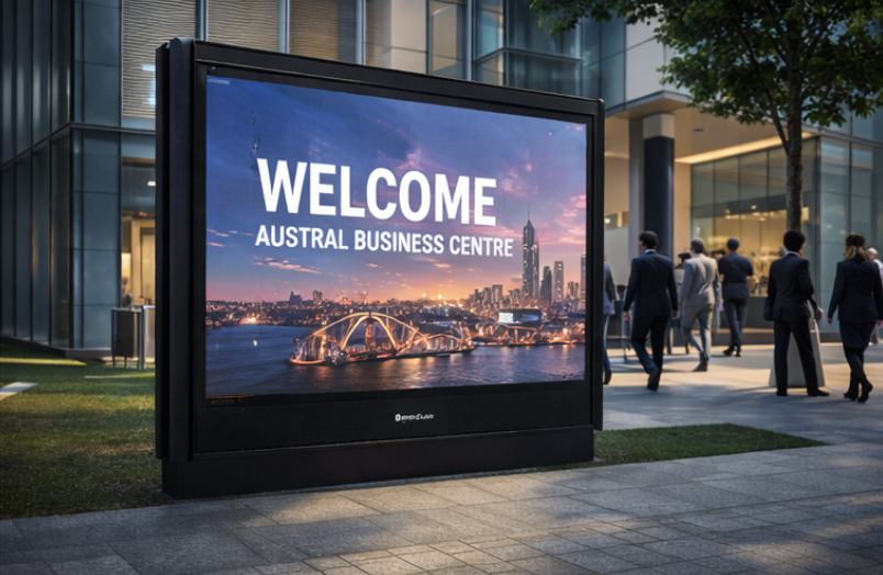 This is a rendering of the Metrospec E-Series Outdoor Digital Display outside business buildings. This is a high brightness outdoor digital displayLCD