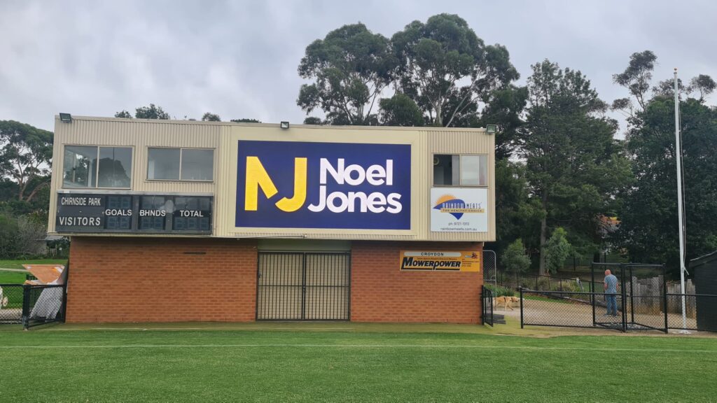 Full-colour LED scoreboard mounted on the clubhouse at Chirnside Park Football Club