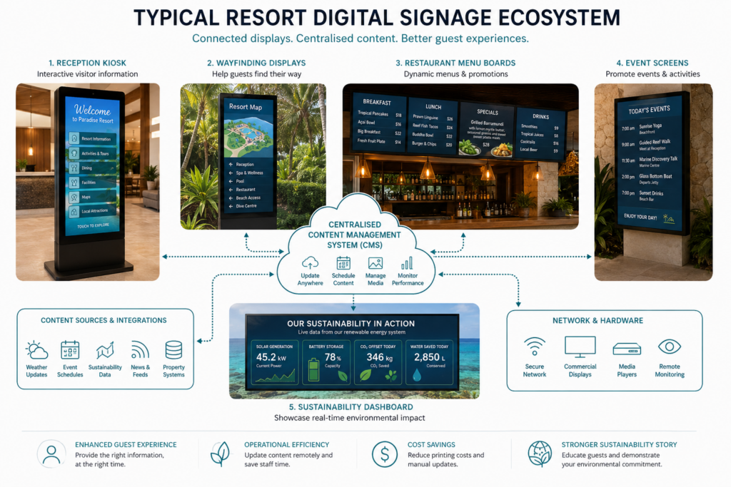 Diagram showing a typical resort digital signage ecosystem with an interactive reception kiosk, wayfinding displays, restaurant menu boards, event screens and a sustainability dashboard connected through a central content management system.